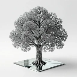 iron tree, branches as fractal like shaped, stacked in 4 d dimension, reflecting from a broken mirror by mc escher