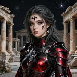 portrait dark grey hair knights of zodiac girl + smoky eyes, black and red reflected armor, in ruined agora of athens, black magic sparkling night, ssci - fi, fantasy, intricate, very very beautiful, elegant, highly detailed, digital painting, concept art, smooth, sharp focus, illustration, art by tian zi and wlop and alphonse mucha