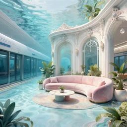 a modern metro station underwater surounded a hiper detailed inkdrop in water, clean architecture, pastel colored, baroque, a couch, a couch table, some fresh plants, intricate detailed 3 d render, hyper realistic intricate acrilic fluid art, elegant, intense colors, wide shot, octane render, concept art, daylight, peaceful, 8 k
