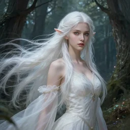 portrait of a fantasy elf female sorceress queen with long white hair flowing wind in an ancient forest filled with magic, highly detailed, digital painting, artstation, smooth, sharp focus, illustration, art by artgerm and greg rutkowski and alphonse mucha