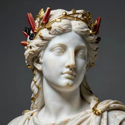 greek godness portrait sculpture, face, body, white marble and brass, gold vines and red spines, obsidian coral, 3d render, artstation