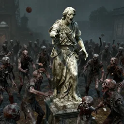 a horde of zombies attacking an Statue, award winning, trending on artstation, unreal engine