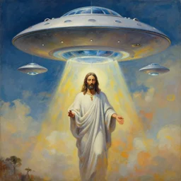 a UFOs hovering over an African Jesus ,painting by Hsiao-Ron Cheng,