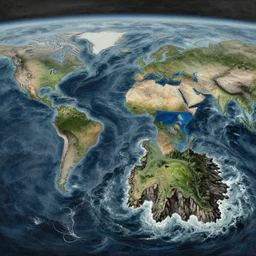 expressionist rendering, this is a land on an unforgiving world of churning oceans and jagged coastlines. every habitable island is situated somewhere along the planet's equator where the weather is still volatile but more hospitable than any points to the north or south