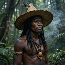 a beautiful matte painting of an indigenous man with black skin with a large hat in the jungle, surrounded by smoke, mysterious atmosphere, fantasy art, matte painting, highly detailed