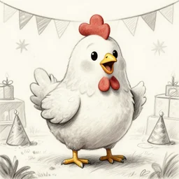 a detailed pencil sketch illustration of a happy chicken at a birthday party. Trending on artstation.
