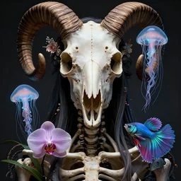 goddess close - up portrait human skeleton, ram skull, jellyfish, orchid, betta fish, bioluminiscent, intricate artwork by tooth wu and wlop and beeple. octane render, trending on artstation, greg rutkowski very coherent symmetrical artwork. cinematic, hyper realism, high detail, octane render, 8 k