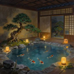 painting of interior of cozy fantasy japanese hot spring next to zen garden with floating lanterns by greg rutkowski craig mullins bonsai trees koi fish swimming in the air volumetric lighting clear focus fantasy dark atmospheric cinematic lighting, trending on artstation