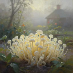 hyphae of an amorphous, gooey life form spreading over a cottage garden in a beautiful foggy morning. oil painting, indie concept art, bloom, chiaroscuro, backlighting, intricate details, depth of field.