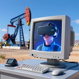 metaverse oil and gas company, virtual reality, crt monitor, 1 9 8 1, vaporwave