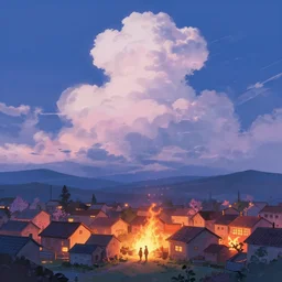 little village on fire, sky, spring, night, couple lover, beautiful cloud, quiet, anime background, illustration, sharp focus, intricate, smooth, super wide angle, trending on artstation, trending on deviantart