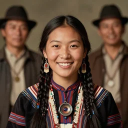 vintage portrait of a stunningly beautiful asian tribal female smiling, depth of field, zeiss lens, detailed, symmetrical, centered, fashion photoshoot, by edward s curtis, Annie Leibovitz and Steve McCurry, David Lazar, Jimmy Nelsson, Breathtaking, 8k resolution, extremely detailed, beautiful, establishing shot, artistic, hyperrealistic, beautiful face, octane render