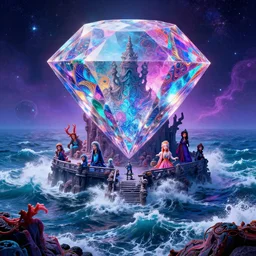 mysterious diamond temple overlooking haunted seething ocean, infinite crashing waves, astronomical synthwave, bright neon psychedelic colors, highly detailed, cinematic, eyvind earle, tim white, philippe druillet, roger dean, ernst haeckel, lisa frank, aubrey beardsley, kubrick, kimura, isono