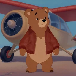 film still vintage disney animation style of the main character bear balou wearing a leather bomber jacket in the classic disney film talespin standing next to an airplane