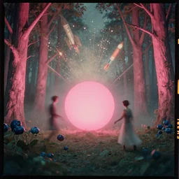 kodak portra 4 0 0, wetplate, pink glowing neon sphere in a forest, pink illuminated trees, by georges melies, muted colours, blueberry, 1 9 3 0 s style, motion blur, portrait photo of a backdrop, explosions, rockets, bombs, sparkling, haze, fog
