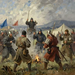 battle of kulikovo between russians and mongols, in the style of andrew wyeth