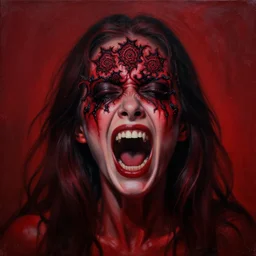 dramatic dark red matte portrait painting of screaming insane woman with black mandelbrot fractal instead of face, horror, body horror, dark art, 4 k, detailed, realistic, psychotic, insane, crazy, mental illness, dramatic,