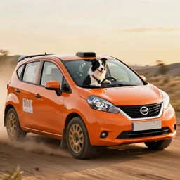 border collie dog operating an orange nissan note, paws on wheel, car moving fast, rally driving photo, award winning photo, golden hour,