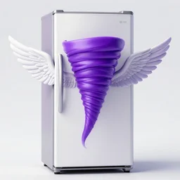 refrigerator with wings in a purple tornado