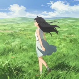 epic anime landscape, grassy, windy, anime girl, long hair, hair blowing in the wind