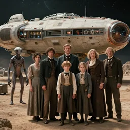 8k film still from a sci fi blockbuster color movie made in 2022, set in 1860, of a family standing in front of a spaceship that has just landed on an alien planet, a humanoid alien creature stands nearby, the family are all wearing 1850s era clothes, cinematic lighting, cinematic camera, in focus, extremely good lighting, good photography, A list cast, famous actors, famous actresses, oscar winner