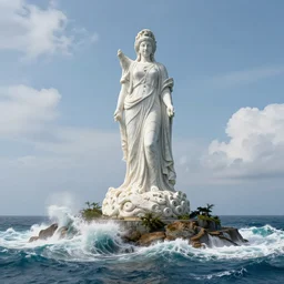 Gigantic marble statue of the goddess of the sea on an island, large waves on the shore, fantasy, 8k resolution, ultra-detailed -H 2048 -W 1024