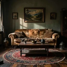 a room, dim lighting, old torn couch, coffee table, wood floor, large circular rug, stoner artifacts,