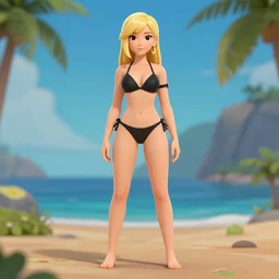 tracer game character, in black bikini, blonde hair, black eyes, full height