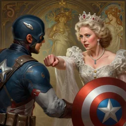 photography of queen elizabeth punching captain america, deep focus, d & d, fantasy, intricate, elegant, highly detailed, digital painting, artstation, concept art, matte, sharp focus, illustration, hearthstone, art by artgerm and greg rutkowski and alphonse mucha