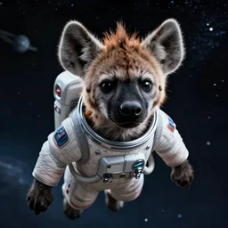digital detailed portrait of anthromorphic female hyena, in style of zootopia, fursona, furry, furaffinity, 4 k, deviantart, wearing astronaut outfit, in style of disney zootopia, floating in space, space background, in deep space, dark background, hyena fursona, cyberpunk, female, detailed face,