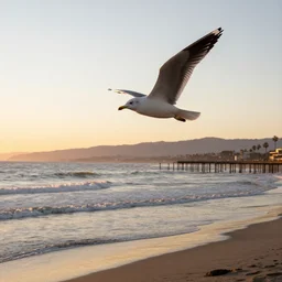 seagull on santa monica beach at sunset