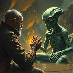 joe rogan interviewing an inter - dimensional dmt alien, octane render, by greg rutkowski, alphonse mucha, artgerm