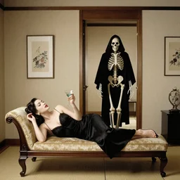 japanese art room with a door. elegant 1940s diva sensually laying on a chaise longue having a martini in a hand. human skeleton wearing a hooded cape and black robe enters the room through the door