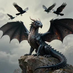 full view of a dragon sitting on a rock with  ravens flying above his head in alan lee and marc simonetti and emil melmoth style  , cinematic lighting