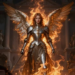 Angel knight gothic girl on a neoclassical city. By Joseph Mallord William Turner, fractal flame, highly detailded