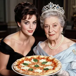 young beauty sophia loren vs old royal queen margherita of italy, posing with a pizza margherita, tiara, pearl necklace, beautiful, stunning, smooth lighting, exquisit detail, masterpiece, timeless, historical photo by letizia battaglia