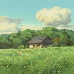 A serene landscape with a singular building in the style of Studio Ghibli.
