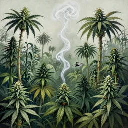Marijuana Jungle Painting by Sachin Teng, asymmetrical, Organic Painting , Matte Painting, Smoke Clouds, Green, Red, Gold, geometric shapes, hard edges, graffiti, street art,:2 by Sachin Teng:4