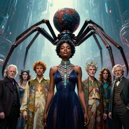 realistic detailed photorealistic portrait movie shot of a beautiful black woman with a giant spider, sci fi background by denis villeneuve, amano, yves tanguy, alphonse mucha, ernst haeckel, david lynch, edward robert hughes, roger dean, cyber necklace, rich moody colours, wide angle