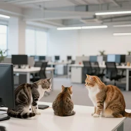 three cats are working in coworking modern office