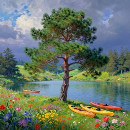 beautiful pine tree landscape, colorful flowers, a beautiful lake , three big kayaks, trees in the grassy hills, dramatic lighting, cinematic, establishing shot, extremly high detail, Colorful, by Monet, concept art, artstation, matte painting