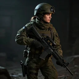 highly detailed concept art of a female soldier slowly stalking through the darkness, light illuminating only one side of her face, she is wearing winter gear and looks highly determined