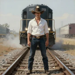 a dramatic ethereal epic symmetrical painting of a handsome villainous cowboy standing in front of railroad tracks with a train locomotive | his shirt is unbuttoned and he has a pocketwatch | tarot card, art deco, art nouveau, ( steampunk ), homoerotic, realistic | by jules bastien - lepage and ( ( ( ( alphonse mucha ) ) ) | trending on artstation