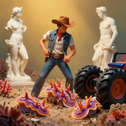 a cowboy breaking into blossom by slim aarons, by scarlett hooft graafland, by lynda benglis. tropical sea slugs, angular sharp tractor tires. complementary bold colors. warm soft volumetric dramatic light. national geographic. 8 k, rendered in octane, smooth gradients. angular sculpture by antonio canova by gian lorenzo bernini.