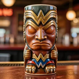 a closeup photorealistic photograph of wonder woman tiki style mug at trader vic's bar. brightly lit scene. this 4 k hd image is trending on artstation, featured on behance, well - rendered, extra crisp, features intricate detail, epic composition and the style of unreal engine.
