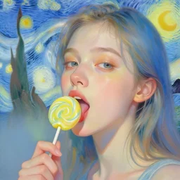 portrait of a beautiful girl, licking a giant lollipop, intimate, pastel shades of blue and yellow, beautiful face, rule of thirds, spotlight, expressive, passionate, by greg rutkowski, by jeremy mann, by francoise nielly, by vincent van gogh, digital painting