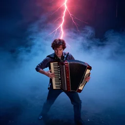 dwight schrute playing the accordion aggressively, dramatic scene, heavy blue fog, red lightning strike, ultra wide angle, movie still, photorealistic, stranger things, netflix, upside - down, colorful lighting, grainy, aerial shot, shot from above, movie still