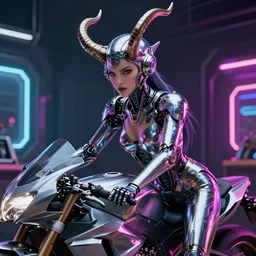 edgy powerful female chrome futuristic cyborg with curved metal Loki horns and chrome motorcycle parts, full body,  dark fantasy, neon bar lights, 3d render, octane, 8k, volumetric lighting, hyper-realistic,, diffuse lighting, intricate, highly detailed, lifelike, photorealistic, digital painting, trending on artstation, smooth, sharp focus