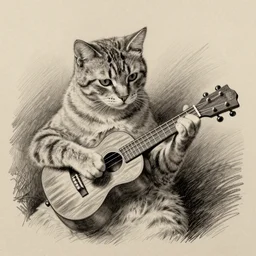 pencil sketch of cat playing ukulele
