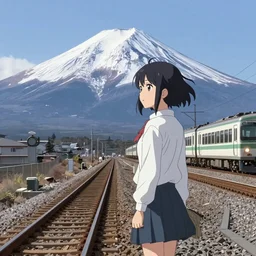 “an anime girl on the train tracks, Mount Fuji behind her”
